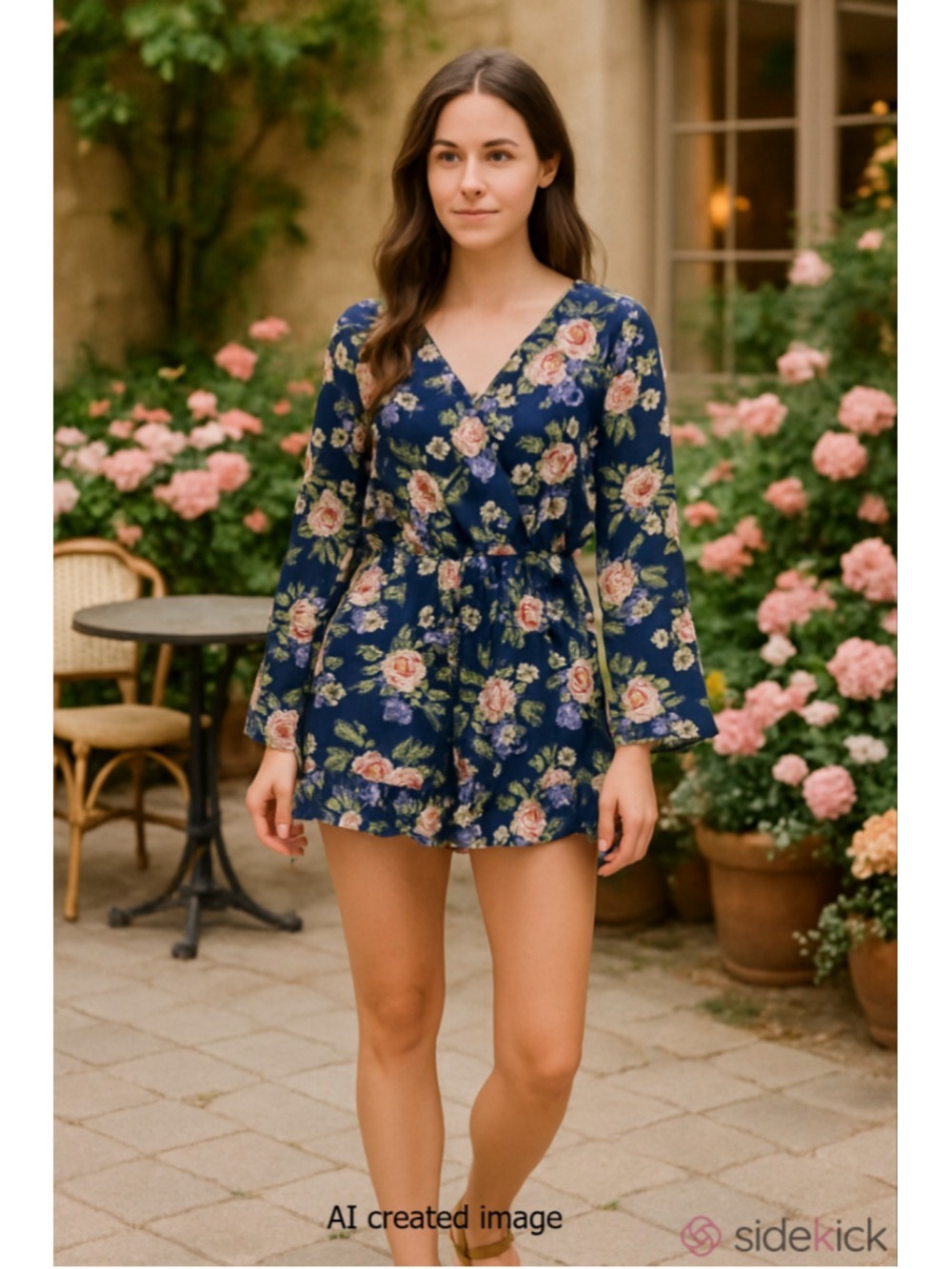 Honey Punch Navy Floral Wrap Romper Ruffle Long Sleeve Boho Cottagecore Sz S